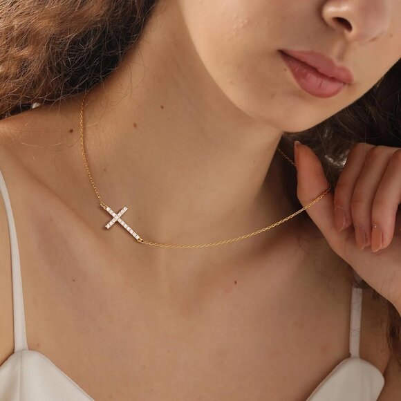 05 Sideway Cross Necklaces Women's Plated Dainty Silver Small Cross Pendant - Picture 4 of 9